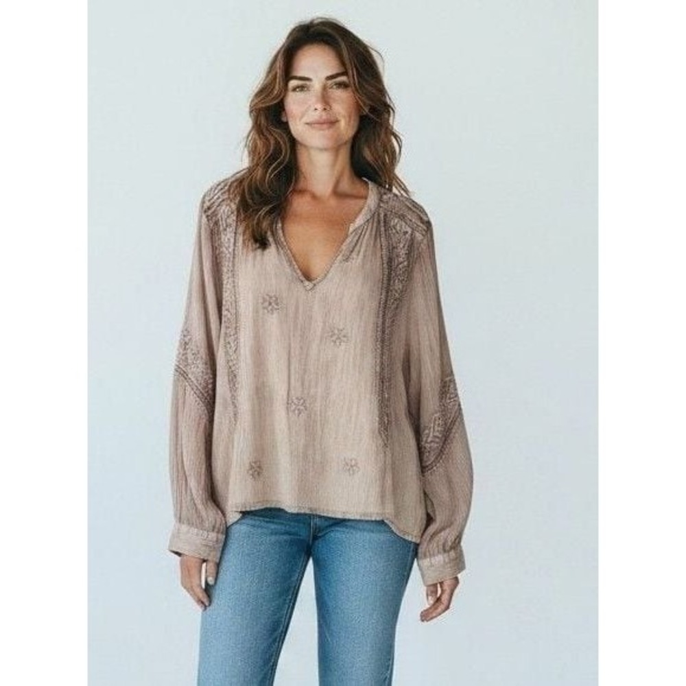 POL Clothing Pretty Peasant Embroidered Mauve Blouse Top SMQA3 Small